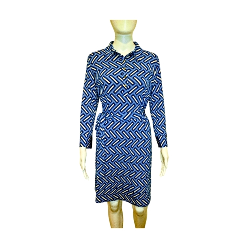 Donna Morgan Blue White Design Long Sleeve ¾ Button Shirt Dress